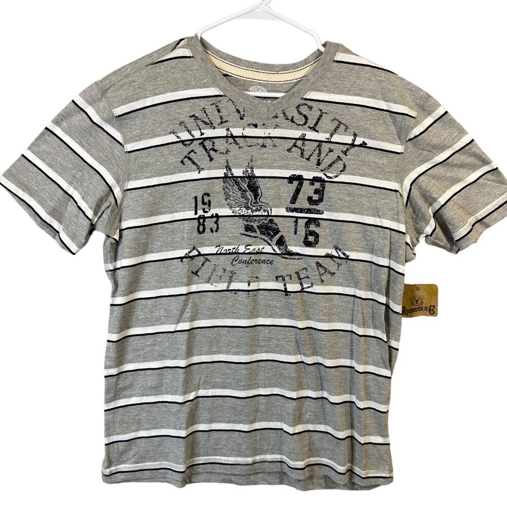Roebuck & Co Men's Shirt Short Sleeves V-Neck Grey Stripes NWT